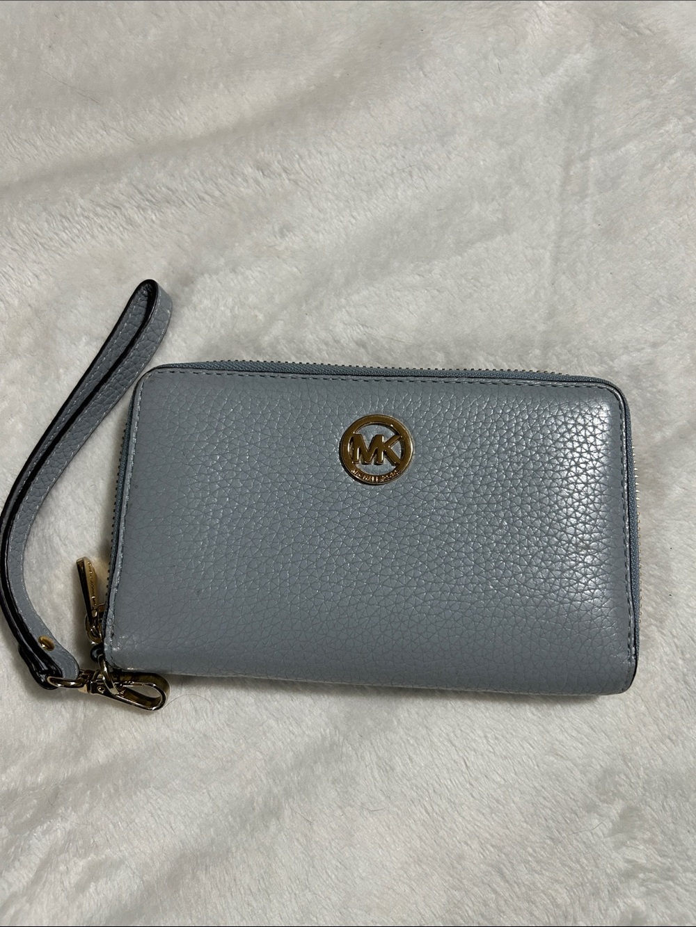 Michael Kors Pebbled Leather Wristlet Wallet - Light Blue with Gold Hardware